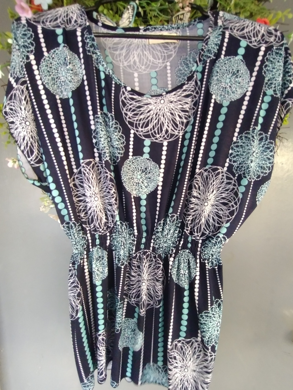 Navy & Teal Printed Elastic-Waist Blouse